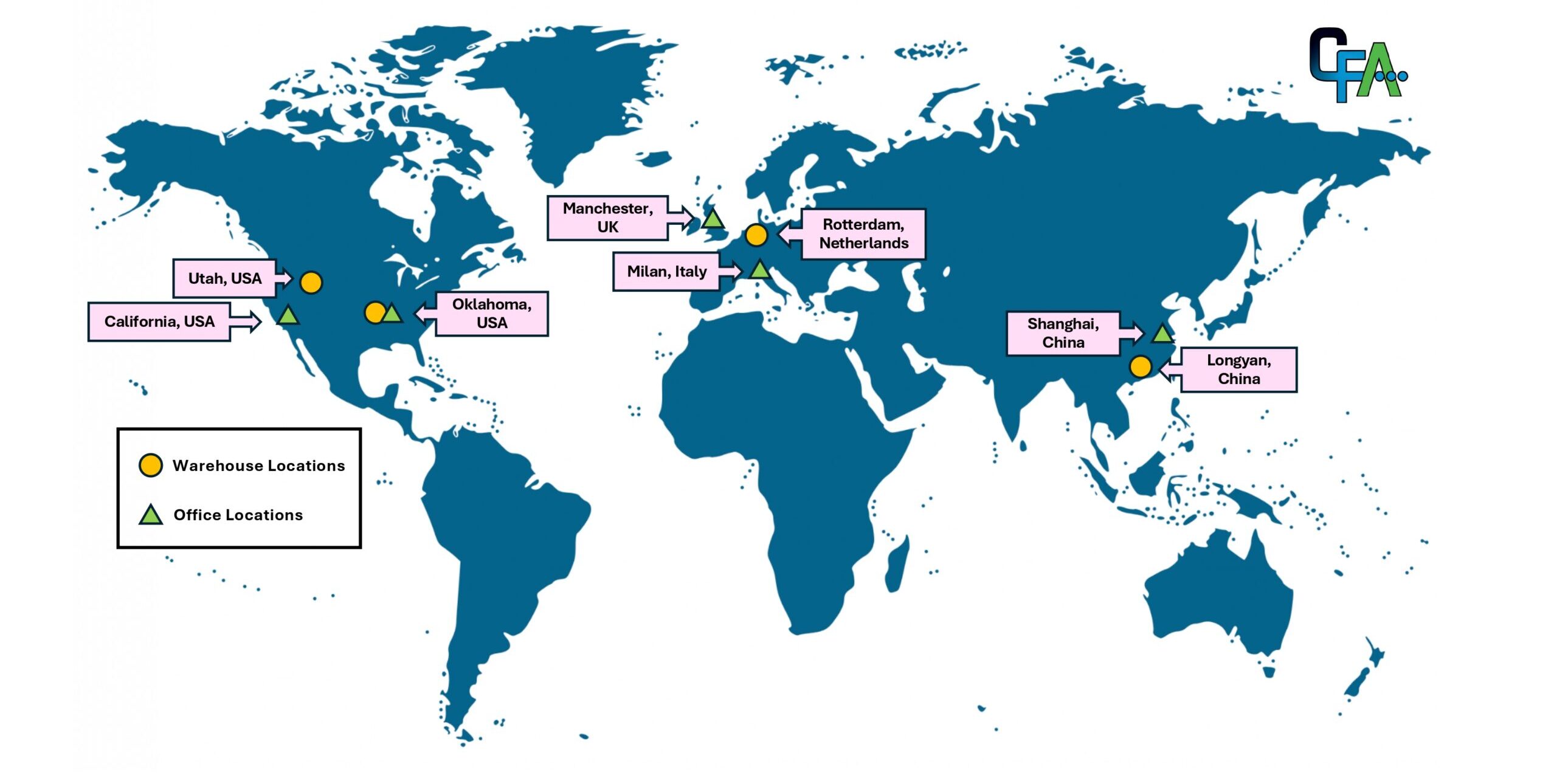 World map with office and warehouse locations. CFA has offices in California, USA, Oklahoma, USA, Manchester, UK, Milan, Italy, and Shanghai, China. We have warehouses in Utah, USA, Oklahoma, USA, Rotterdam, Netherlands, and Longyan, China.
