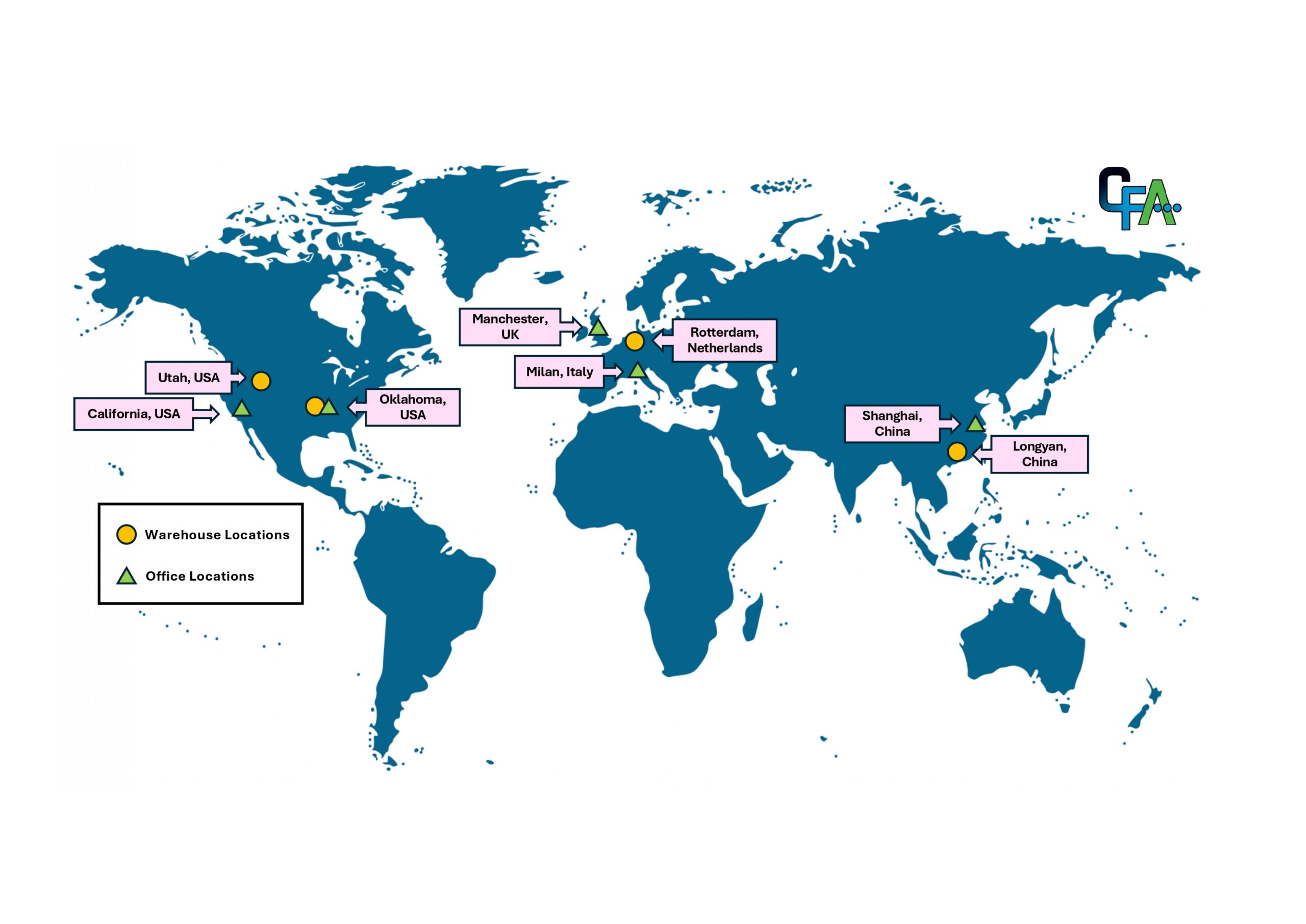 World map with office and warehouse locations. CFA has offices in California, USA, Oklahoma, USA, Manchester, UK, Milan, Italy, and Shanghai, China. We have warehouses in Utah, USA, Oklahoma, USA, Rotterdam, Netherlands, and Longyan, China.